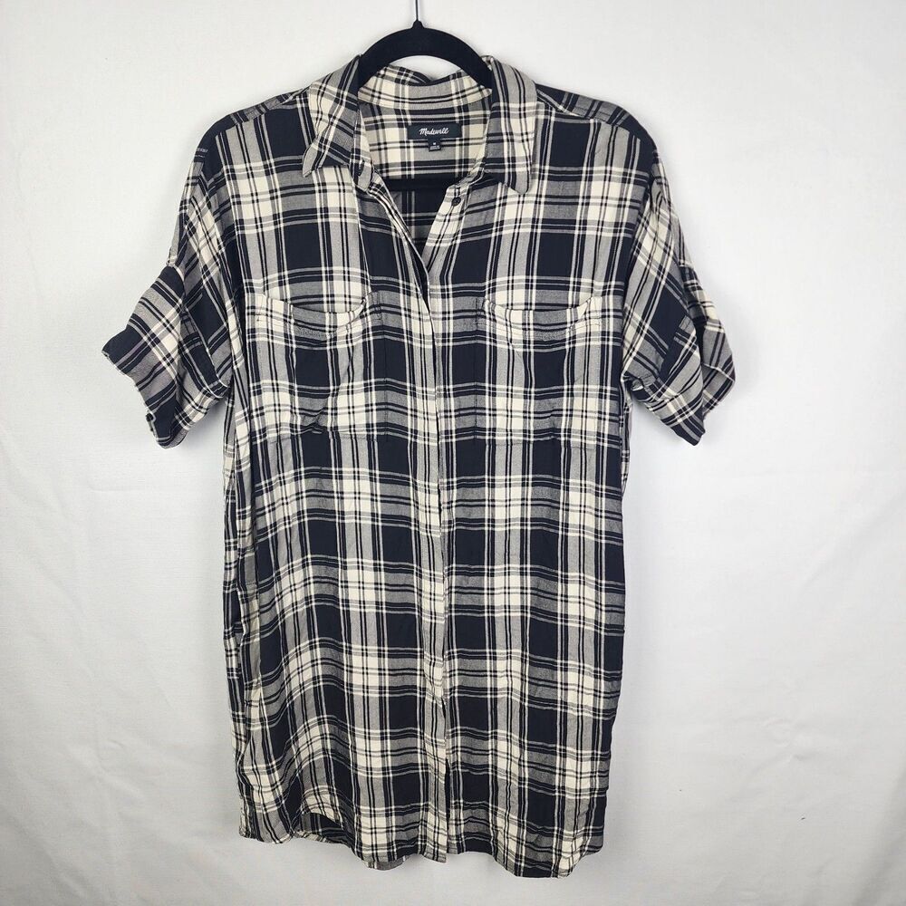 MADEWELL Short Sleeve Courier Collared Shirtdress Black & Cream Plaid Sz Medium